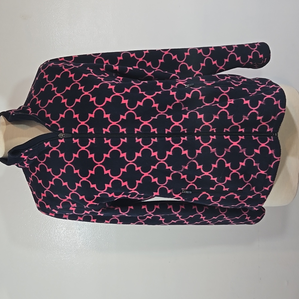 Talbots Navy & Pink Patterned Fleece Zip Up Jacket Large Pettite